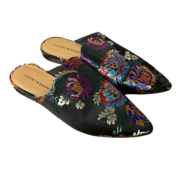 Lucky Brand Blyth Satin Style Embroidered Mules Sz 10 Asian Inspired Colorful - Picture 1 of 10